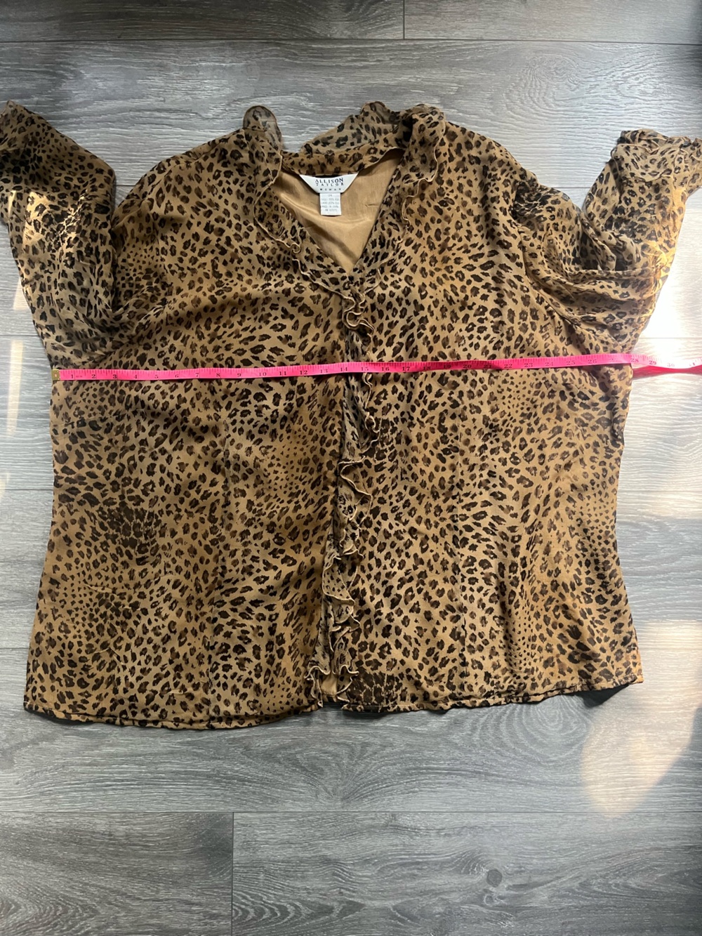 Allison Joy Leopard Print Brown Ruffle V Neck 100% Silk Size 3X Animal Lined Fun - Picture 6 of 10
